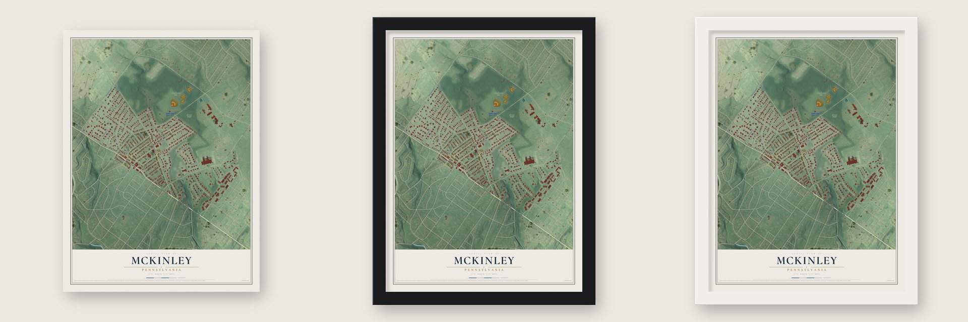 McKinley, Pennsylvania map unframed, in a black wood frame and in a white wood frame