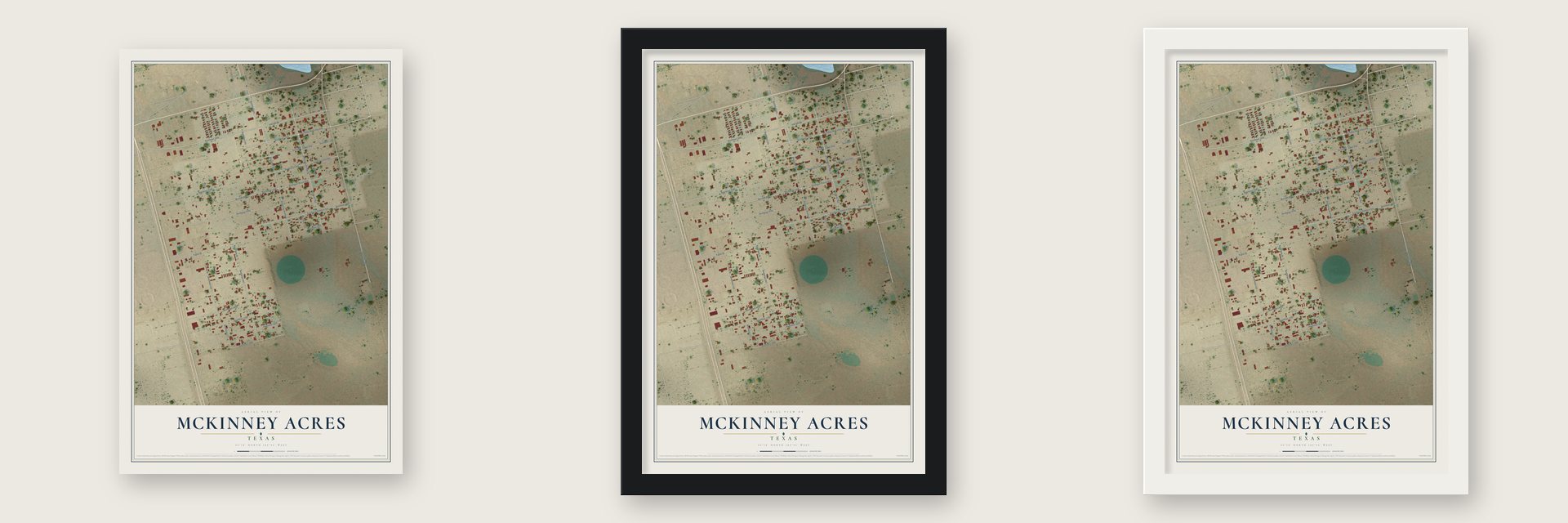 McKinney Acres, Texas map unframed, in a black wood frame and in a white wood frame