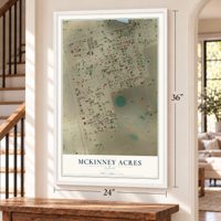 McKinney Acres, Texas map, 24 x 36 inch print in a white frame by a staircase