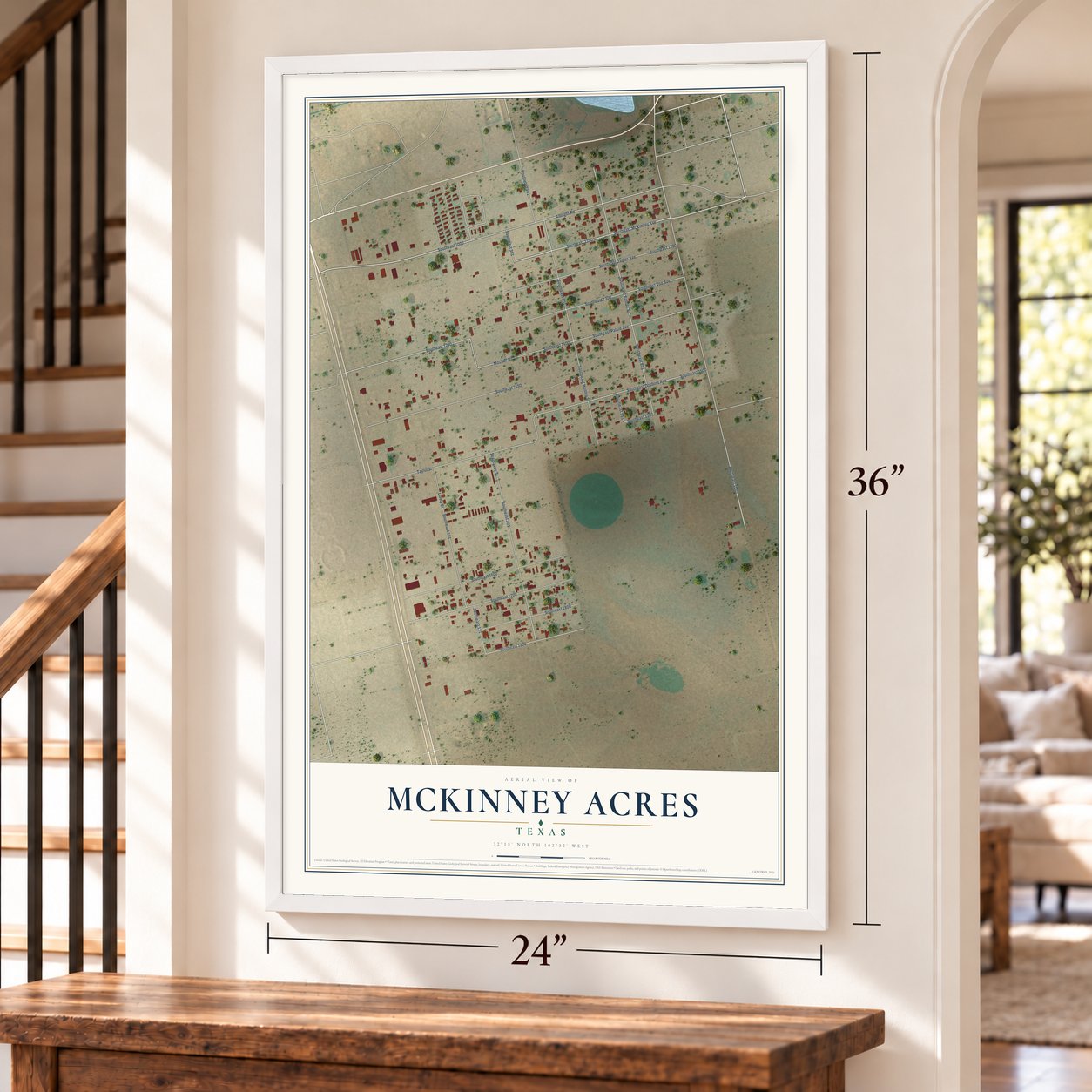 McKinney Acres, Texas map, 24 x 36 inch print in a white frame by a staircase