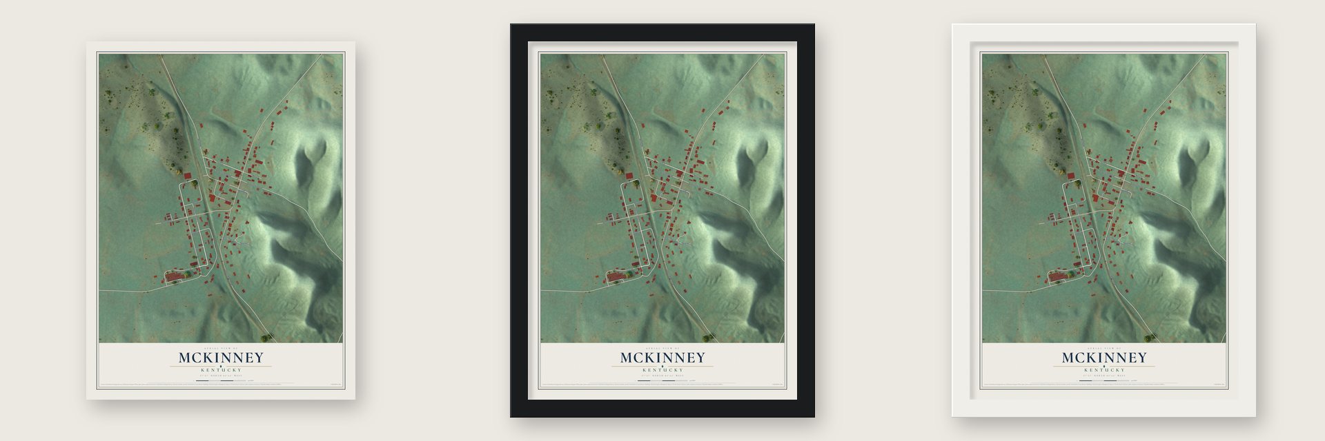 McKinney, Kentucky map unframed, in a black wood frame and in a white wood frame