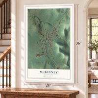 McKinney, Kentucky map, 24 x 36 inch print in a white frame by a staircase
