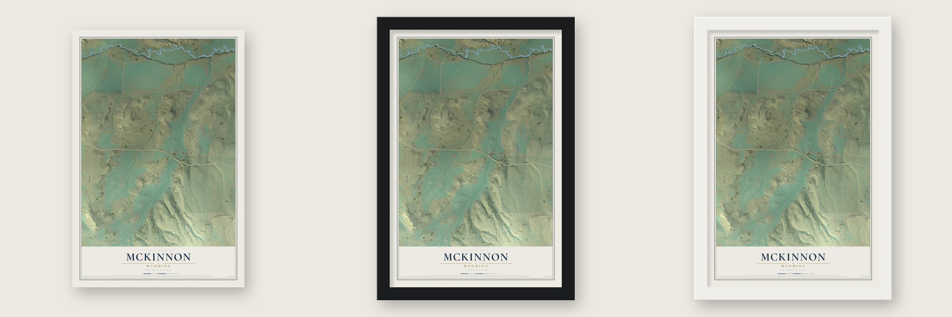 McKinnon, Wyoming map unframed, in a black wood frame and in a white wood frame