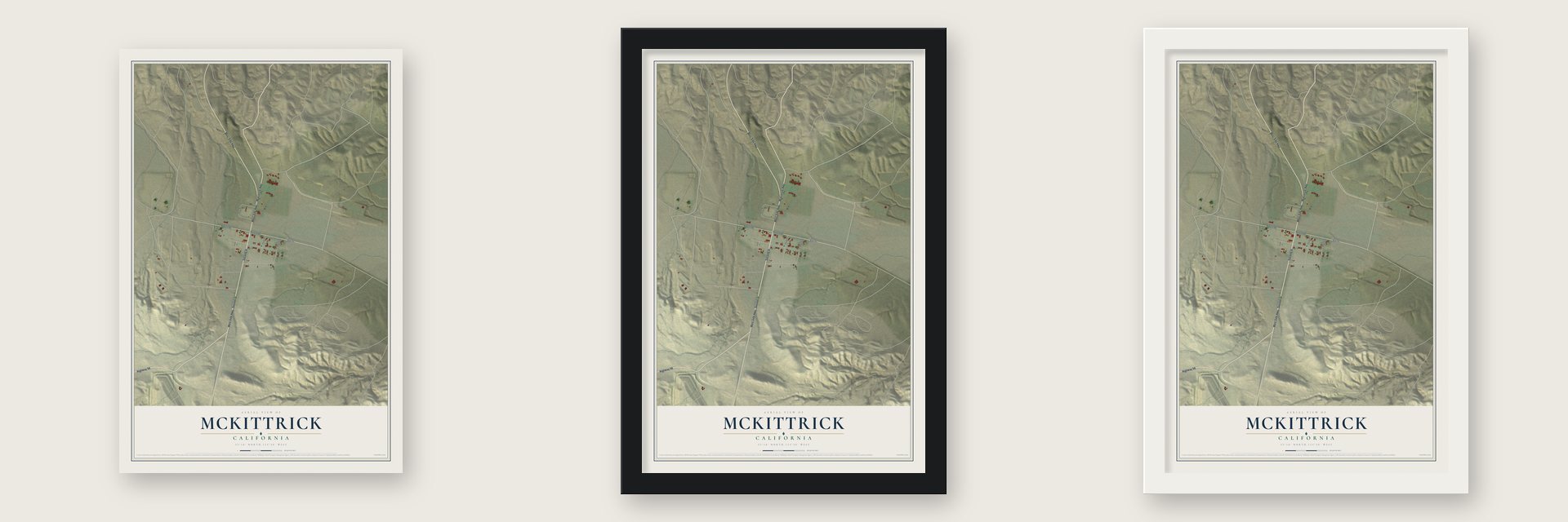 McKittrick, California map unframed, in a black wood frame and in a white wood frame