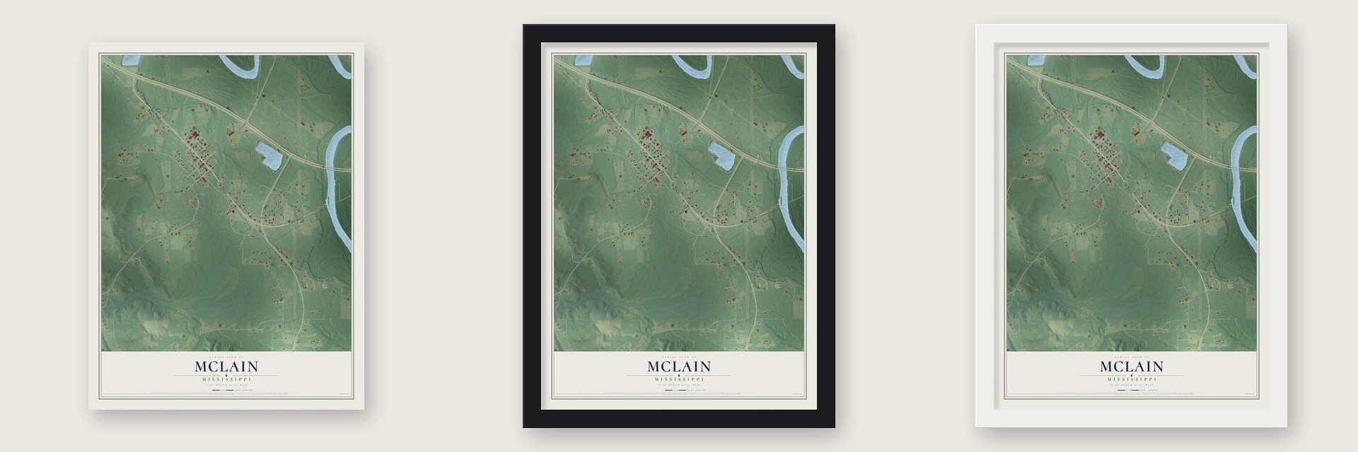 McLain, Mississippi map unframed, in a black wood frame and in a white wood frame