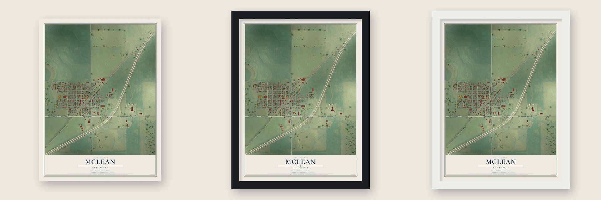 McLean, Illinois map unframed, in a black wood frame and in a white wood frame