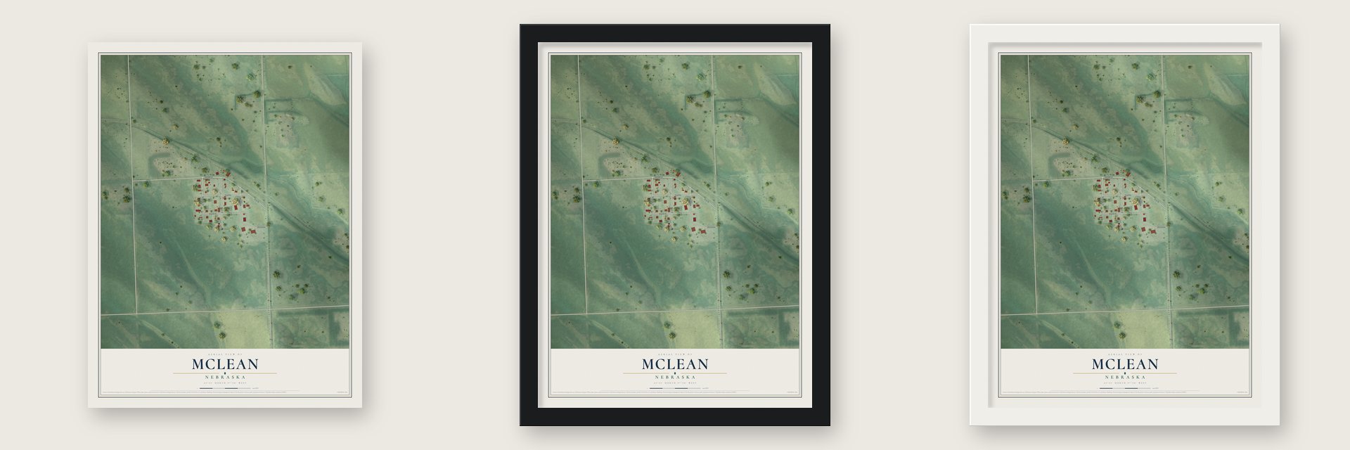 McLean, Nebraska map unframed, in a black wood frame and in a white wood frame