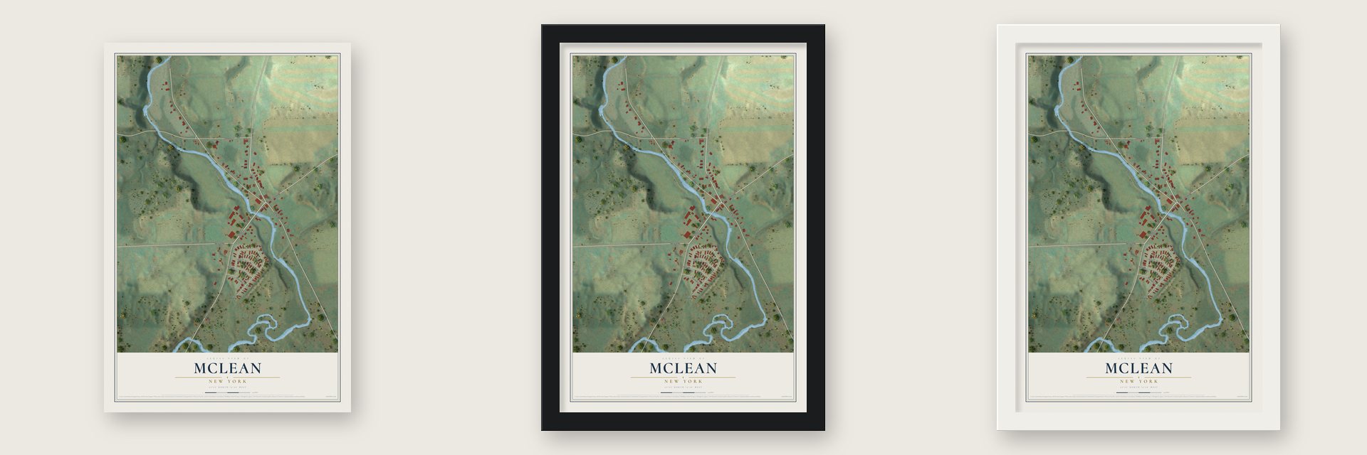 McLean, New York map unframed, in a black wood frame and in a white wood frame