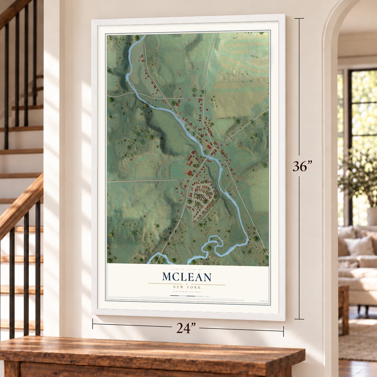 McLean, New York map, 24 x 36 inch print in a white frame by a staircase