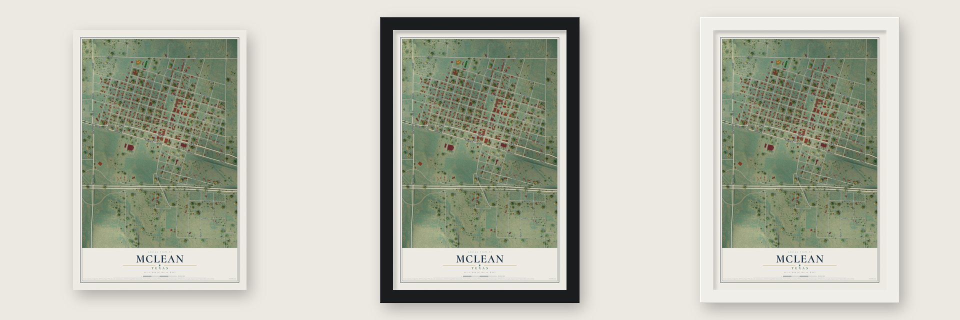 McLean, Texas map unframed, in a black wood frame and in a white wood frame