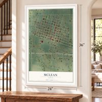 McLean, Texas map, 24 x 36 inch print in a white frame by a staircase