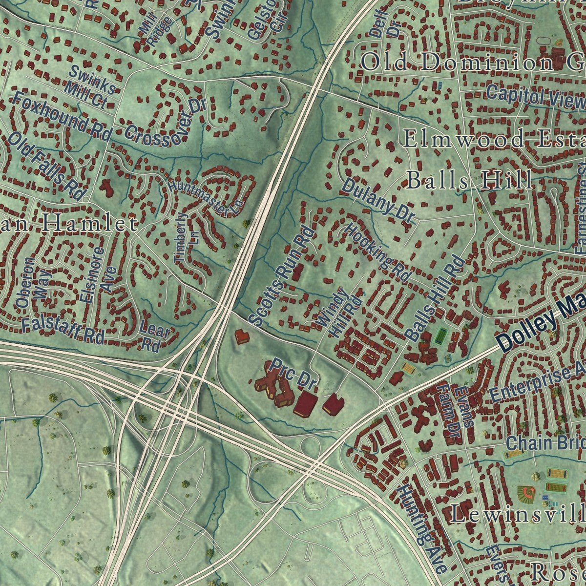 Second close-up of the map of McLean, Virginia print showing more streets and buildings