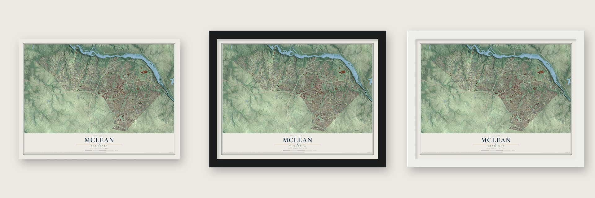 McLean, Virginia map unframed, in a black wood frame and in a white wood frame