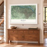 McLean, Virginia map, 24 x 36 inch print in a white frame above a dresser by a staircase