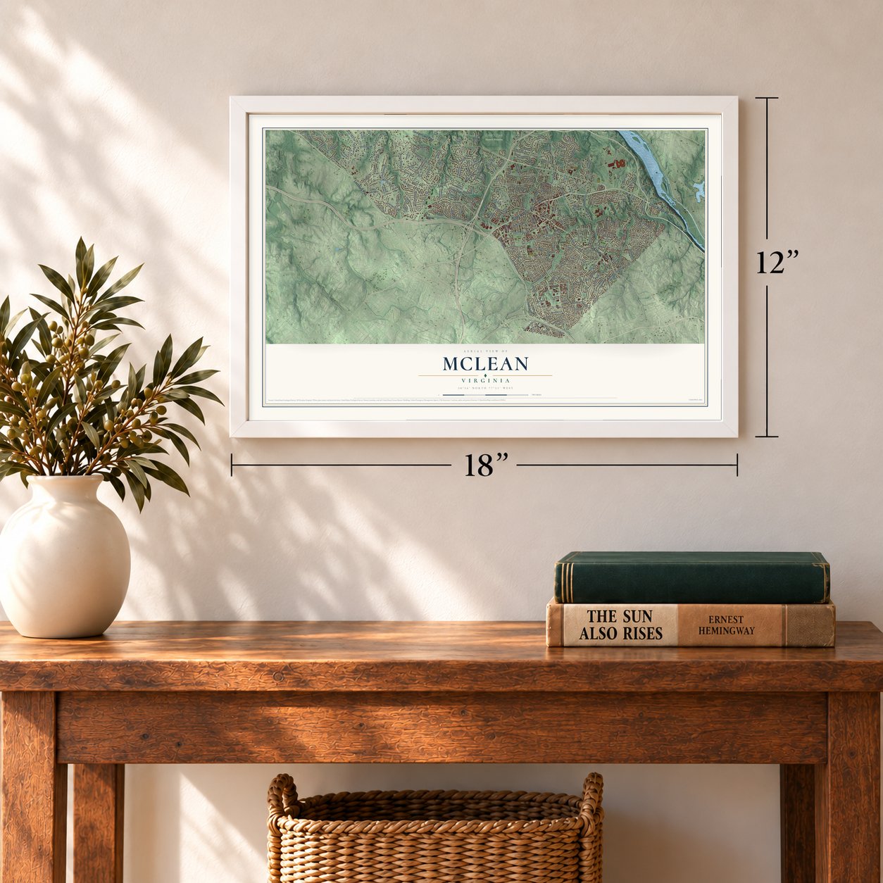 McLean, Virginia map, 12 x 18 inch print in a white frame in an entryway