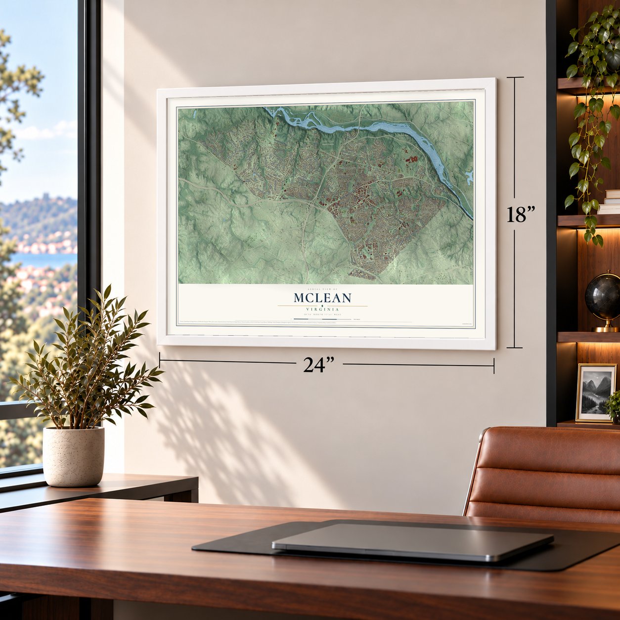 McLean, Virginia map, 18 x 24 inch print in a white frame in a home office