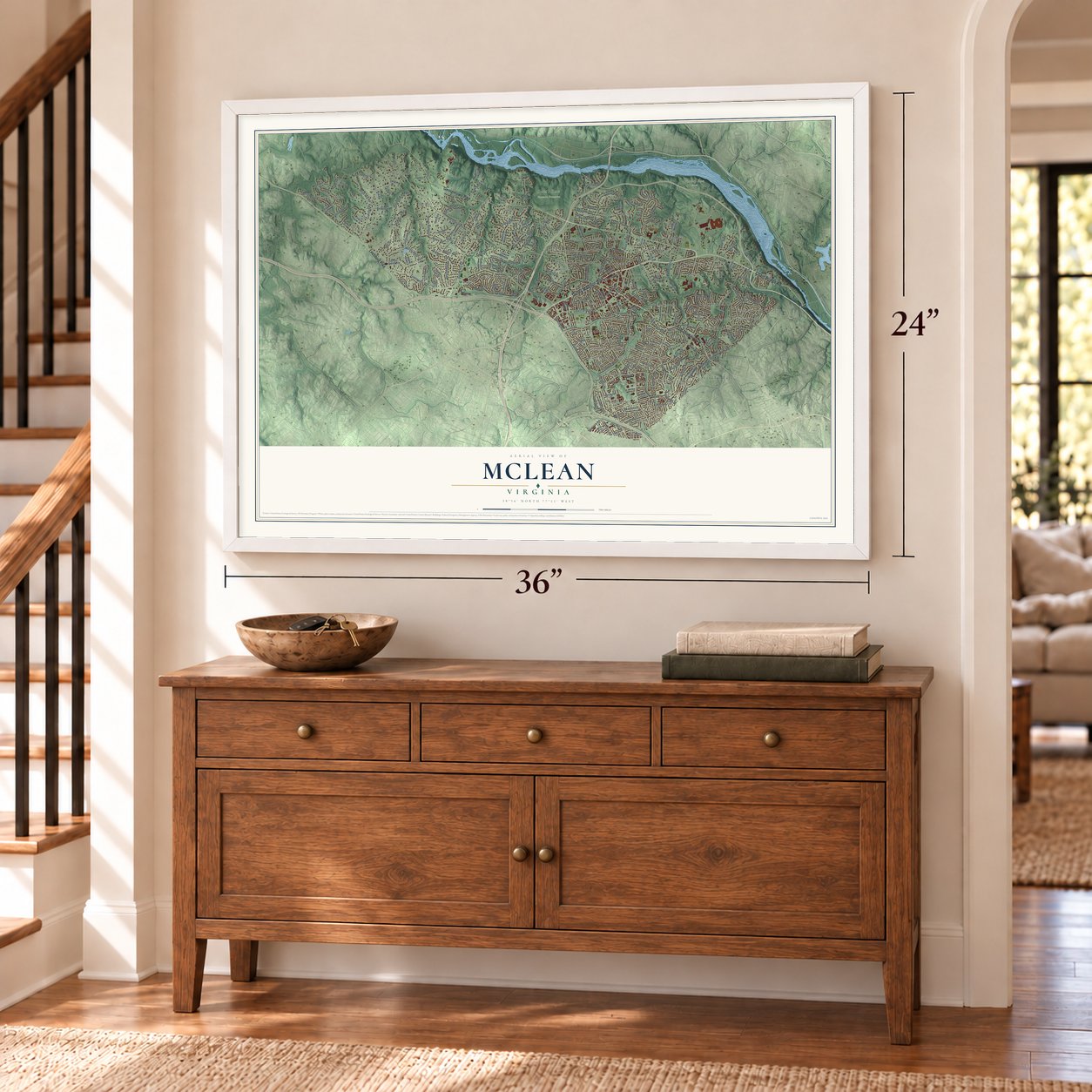 McLean, Virginia map, 24 x 36 inch print in a white frame above a dresser by a staircase
