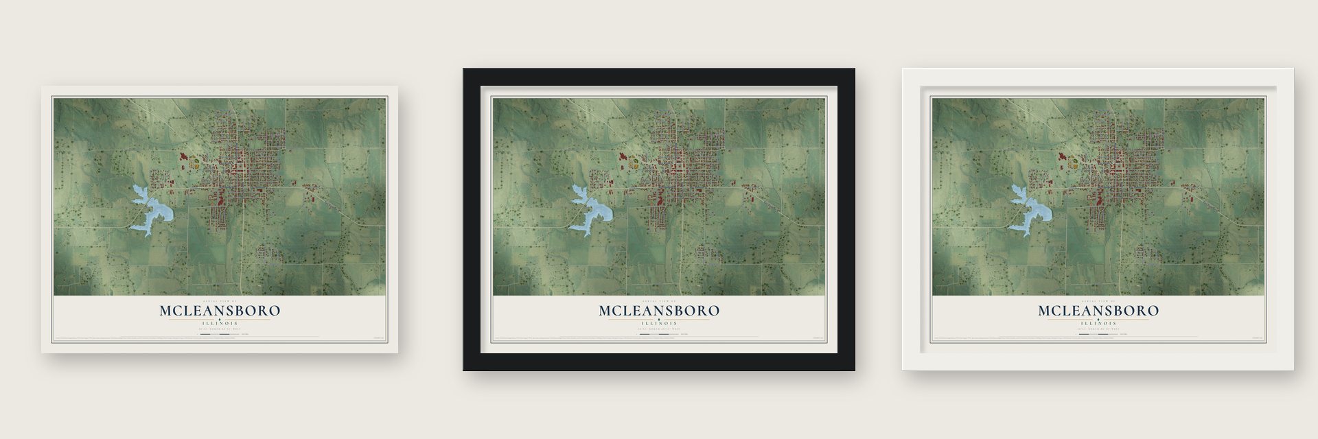 McLeansboro, Illinois map unframed, in a black wood frame and in a white wood frame