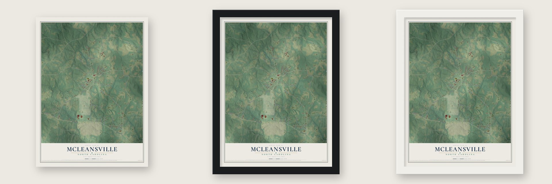 McLeansville, North Carolina map unframed, in a black wood frame and in a white wood frame