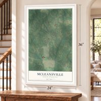 McLeansville, North Carolina map, 24 x 36 inch print in a white frame by a staircase