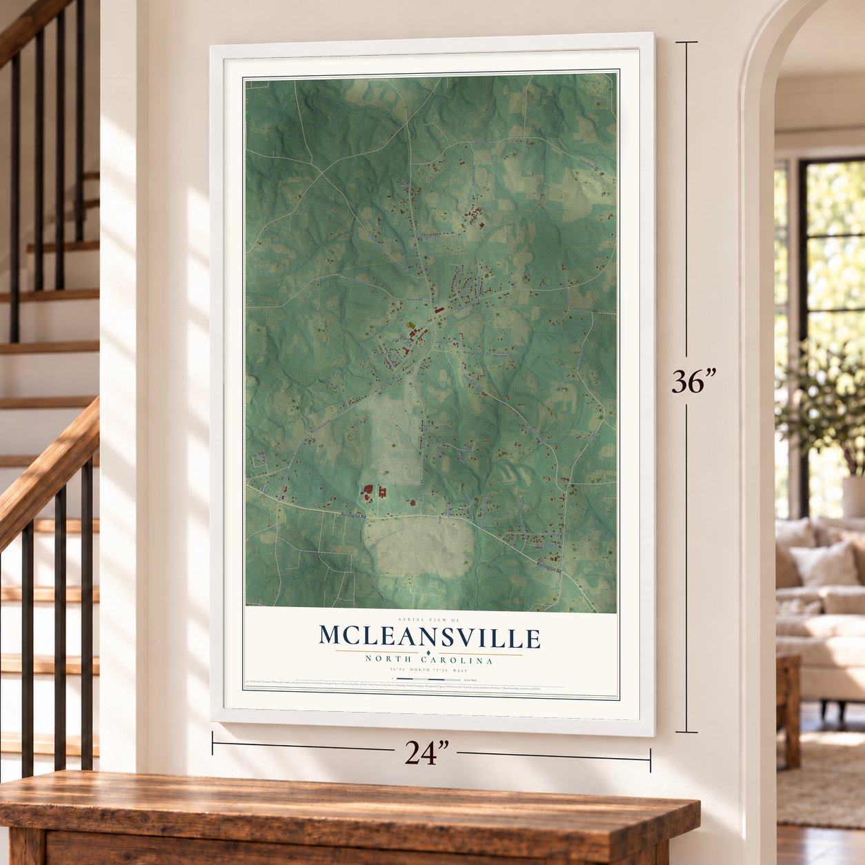 McLeansville, North Carolina map, 24 x 36 inch print in a white frame by a staircase