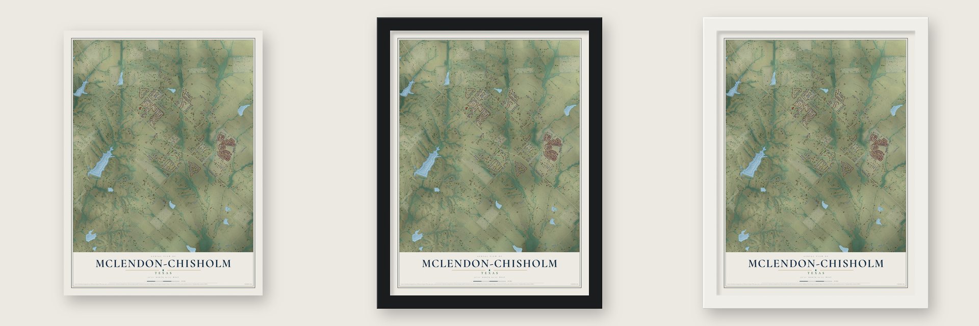 McLendon-Chisholm, Texas map unframed, in a black wood frame and in a white wood frame