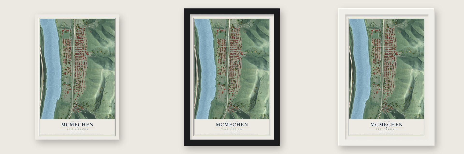 McMechen, West Virginia map unframed, in a black wood frame and in a white wood frame