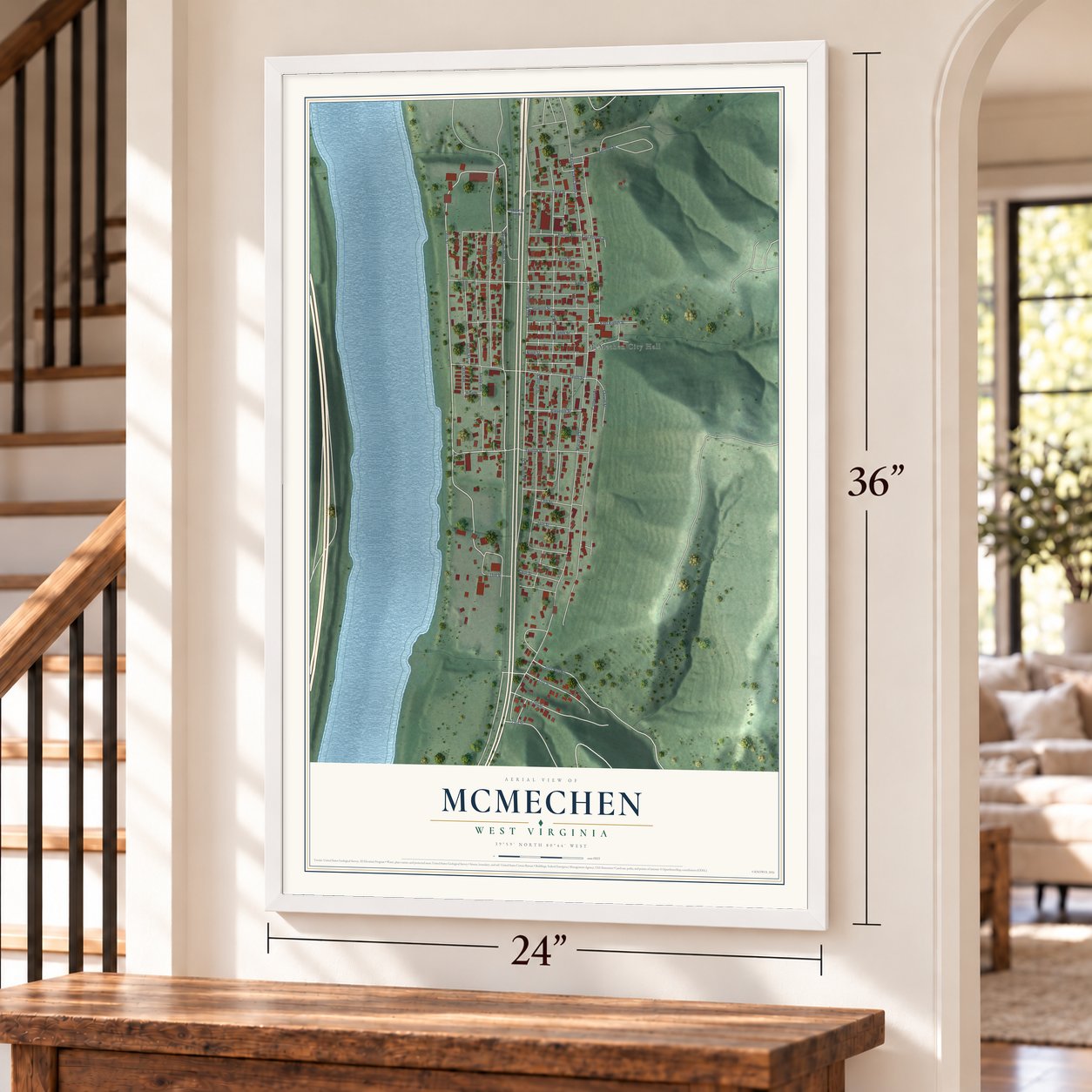 McMechen, West Virginia map, 24 x 36 inch print in a white frame by a staircase