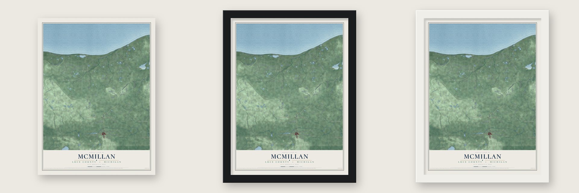 McMillan, Luce County, Michigan map unframed, in a black wood frame and in a white wood frame