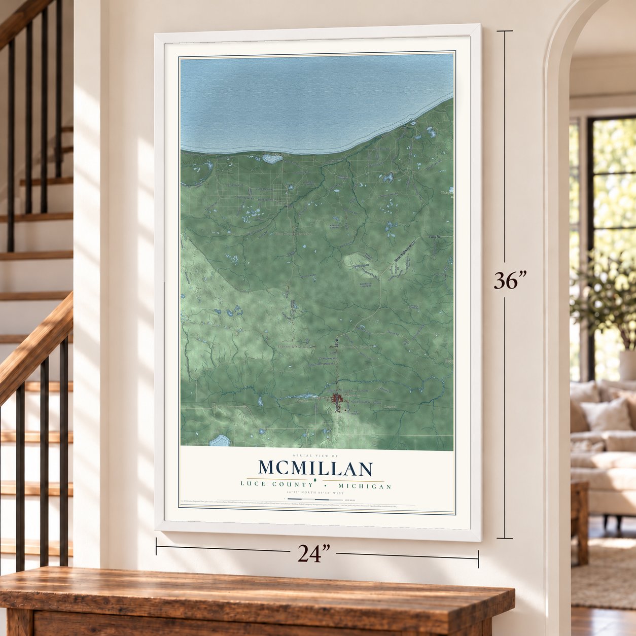 McMillan, Luce County, Michigan map, 24 x 36 inch print in a white frame by a staircase
