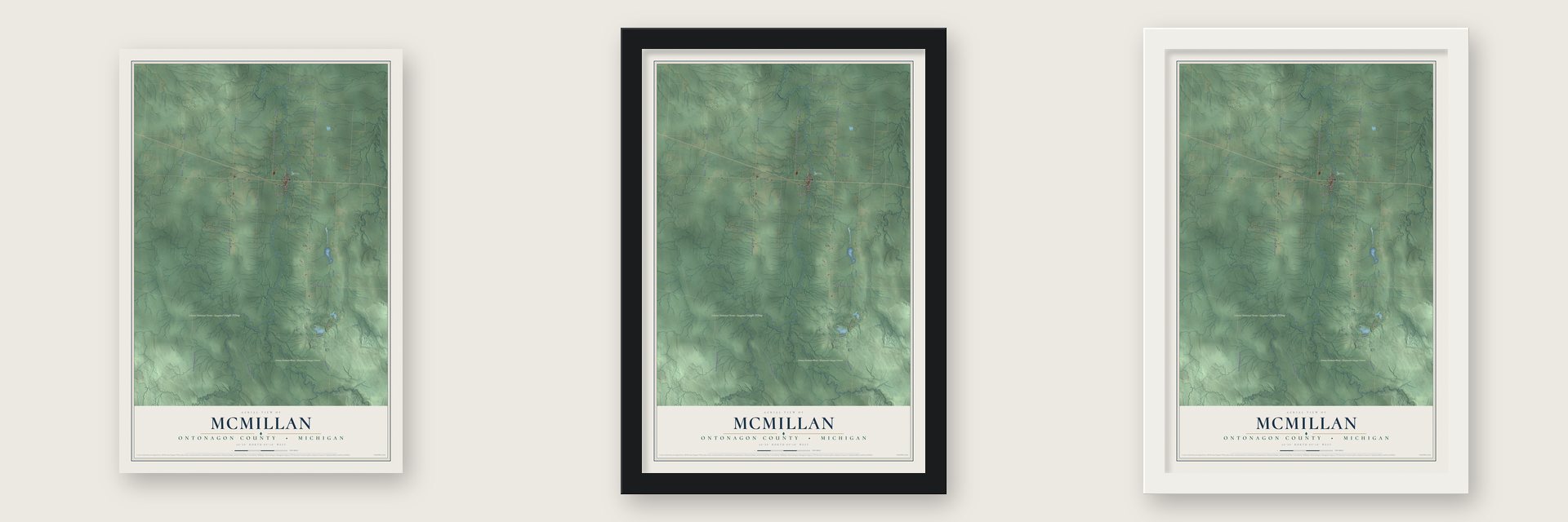 McMillan, Ontonagon County, Michigan map unframed, in a black wood frame and in a white wood frame