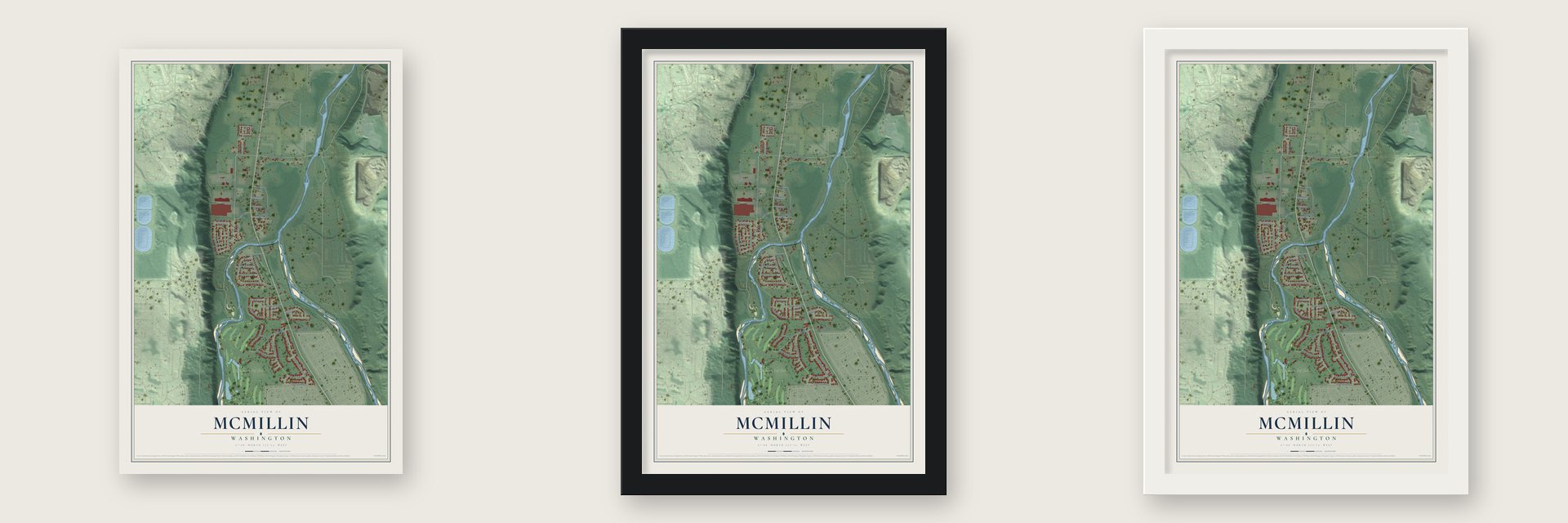McMillin, Washington map unframed, in a black wood frame and in a white wood frame