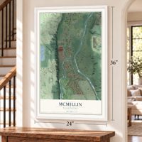 McMillin, Washington map, 24 x 36 inch print in a white frame by a staircase