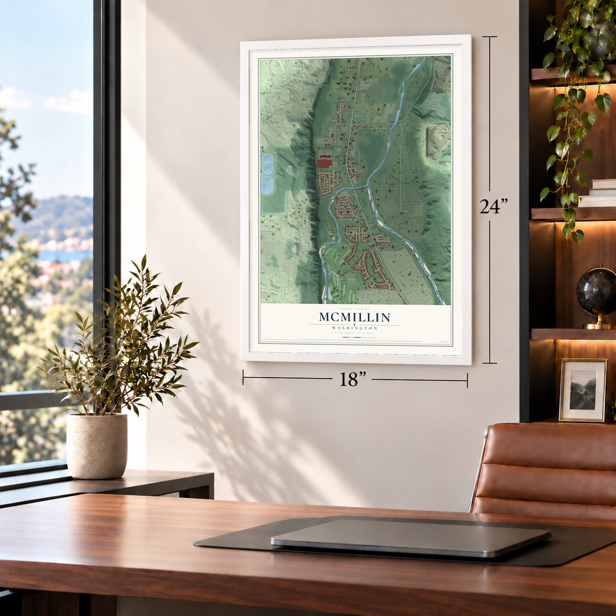 McMillin, Washington map, 18 x 24 inch print in a white frame in a home office