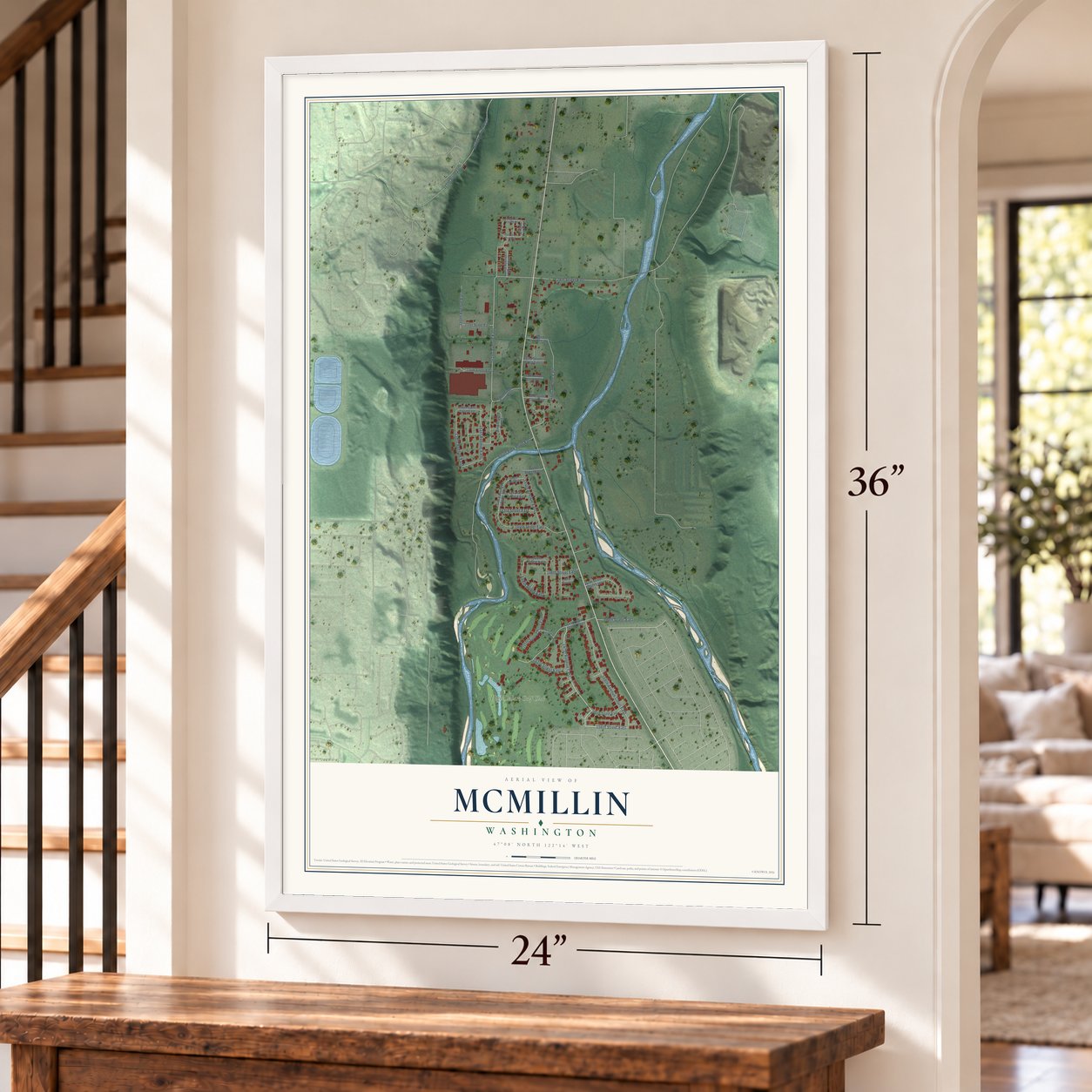 McMillin, Washington map, 24 x 36 inch print in a white frame by a staircase