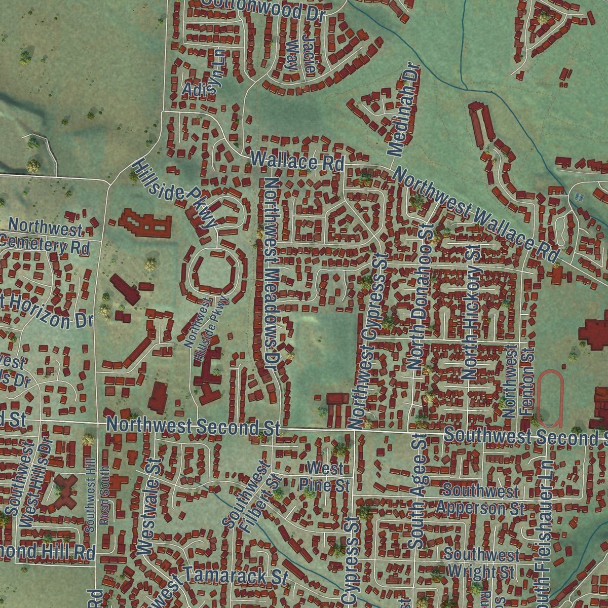 Second close-up of the map of McMinnville, Oregon print showing more streets and buildings