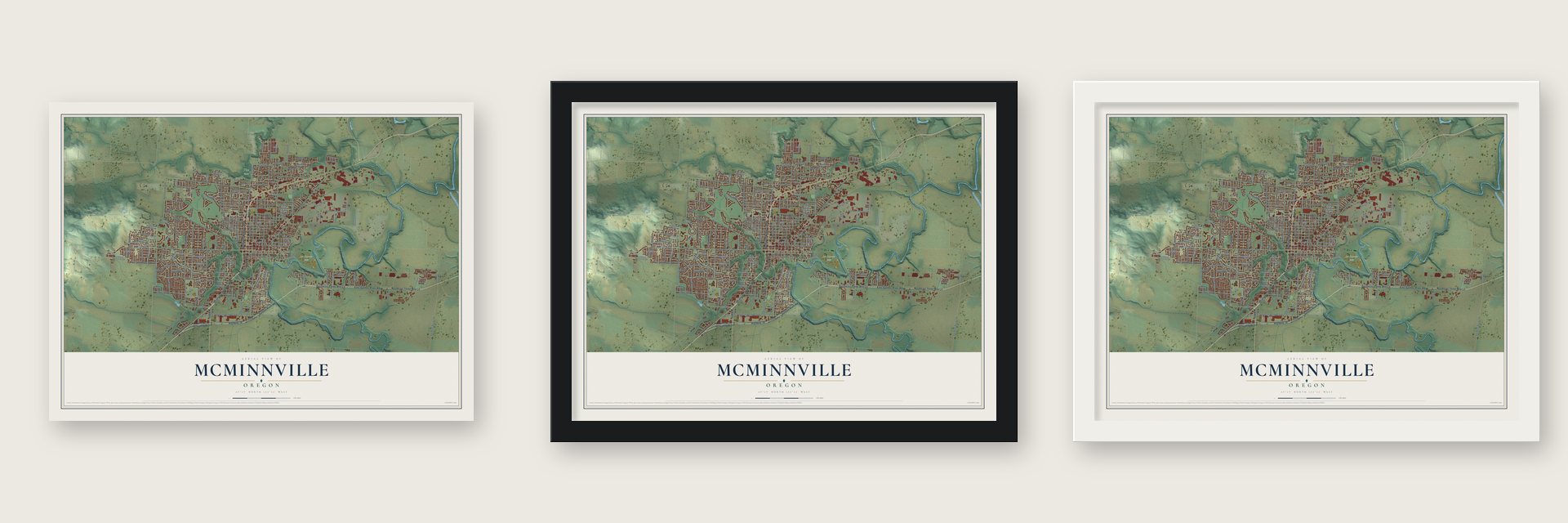McMinnville, Oregon map unframed, in a black wood frame and in a white wood frame