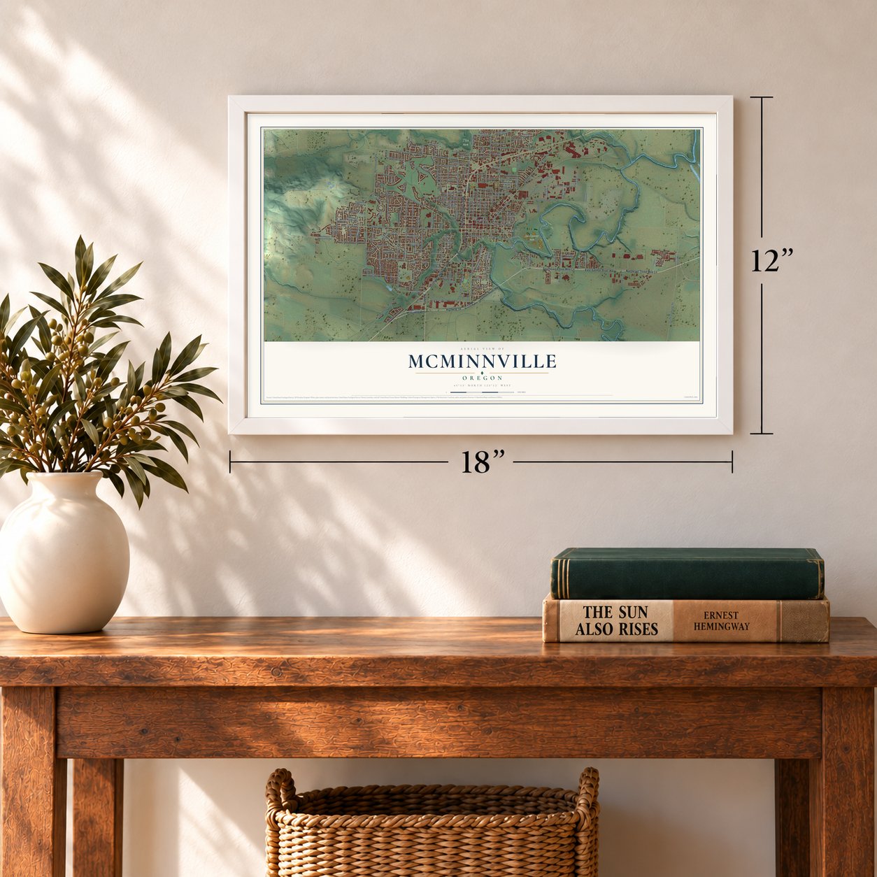 McMinnville, Oregon map, 12 x 18 inch print in a white frame in an entryway