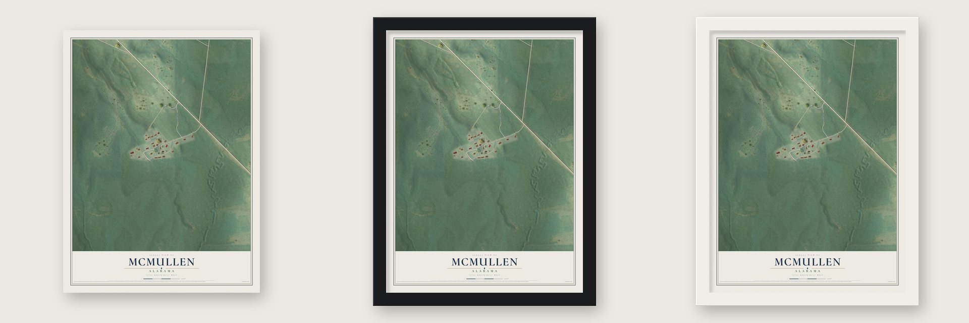 McMullen, Alabama map unframed, in a black wood frame and in a white wood frame