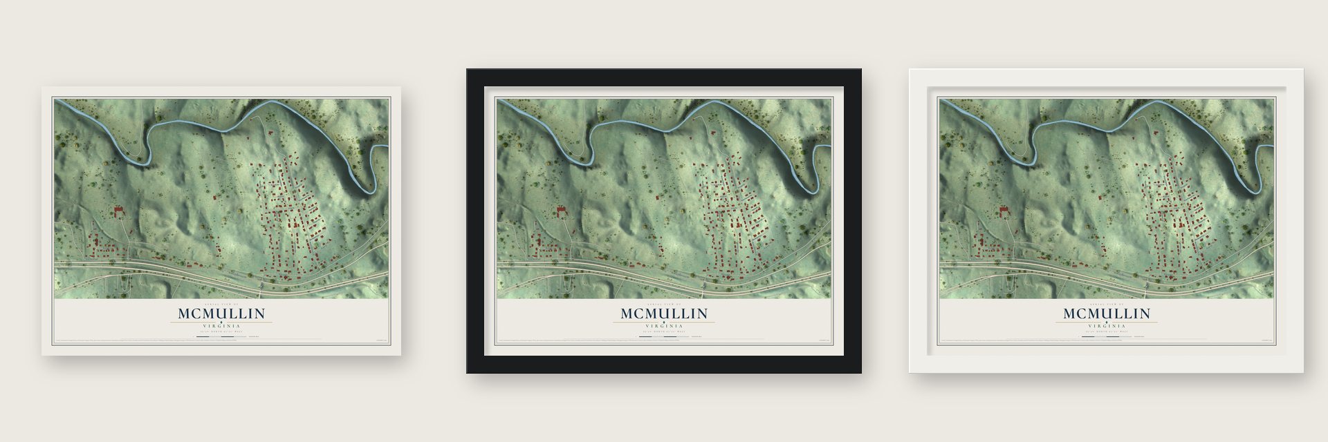 McMullin, Virginia map unframed, in a black wood frame and in a white wood frame