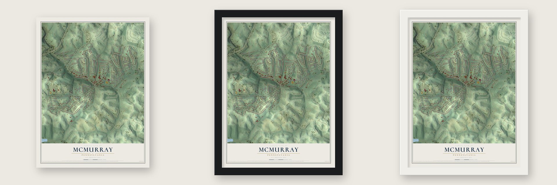 McMurray, Pennsylvania map unframed, in a black wood frame and in a white wood frame