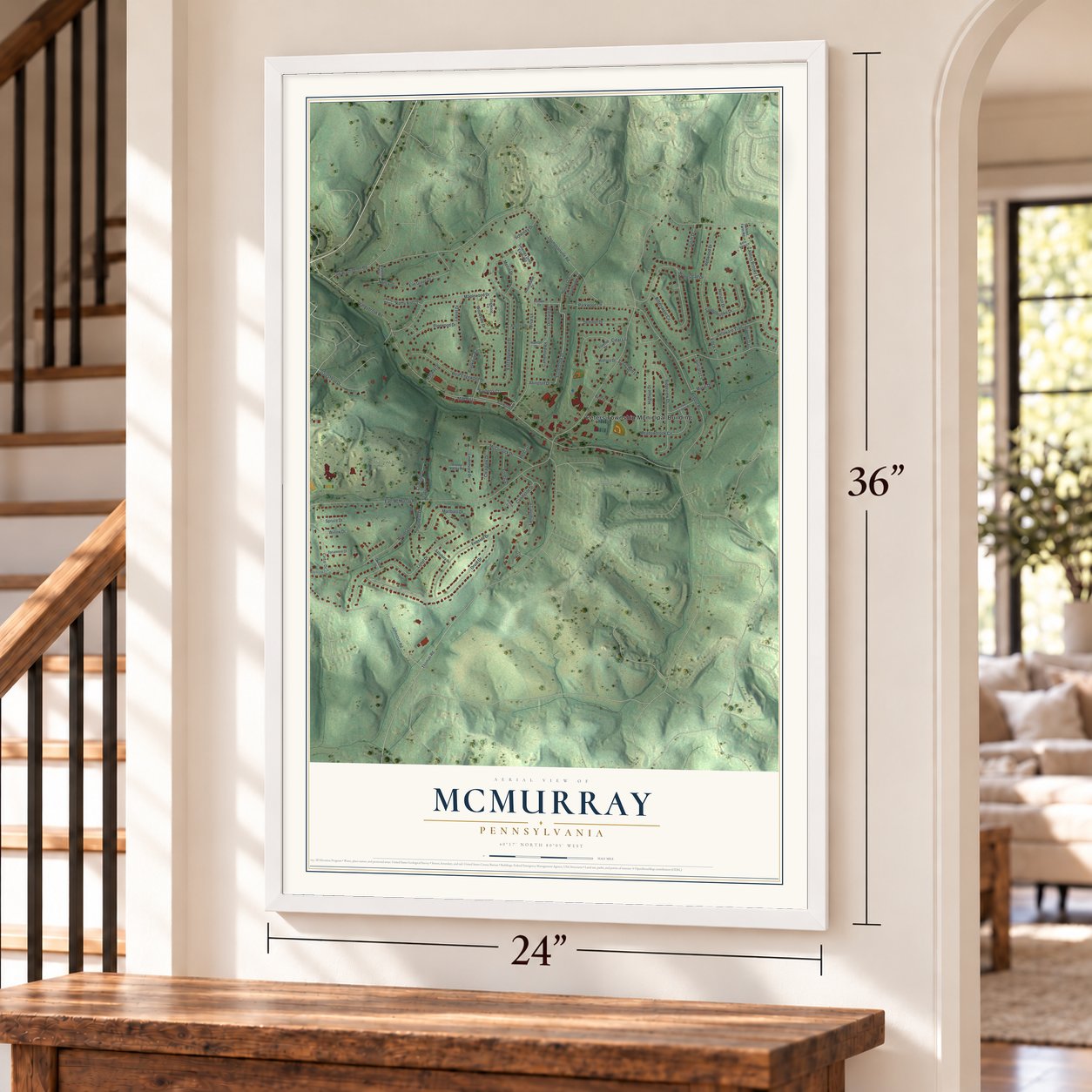 McMurray, Pennsylvania map, 24 x 36 inch print in a white frame by a staircase