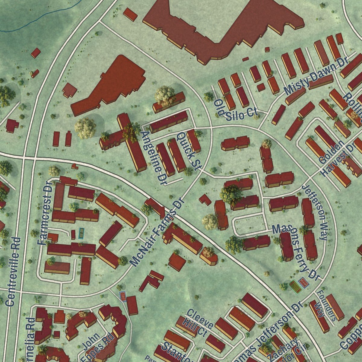 Second close-up of the map of McNair, Virginia print showing more streets and buildings