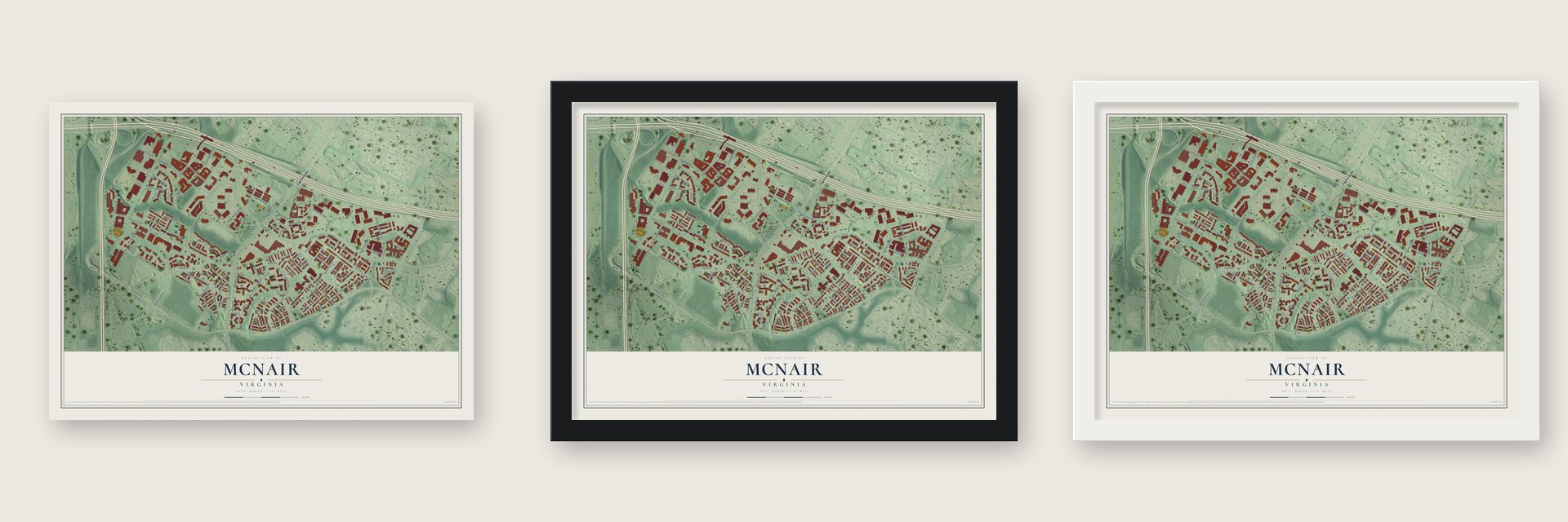 McNair, Virginia map unframed, in a black wood frame and in a white wood frame