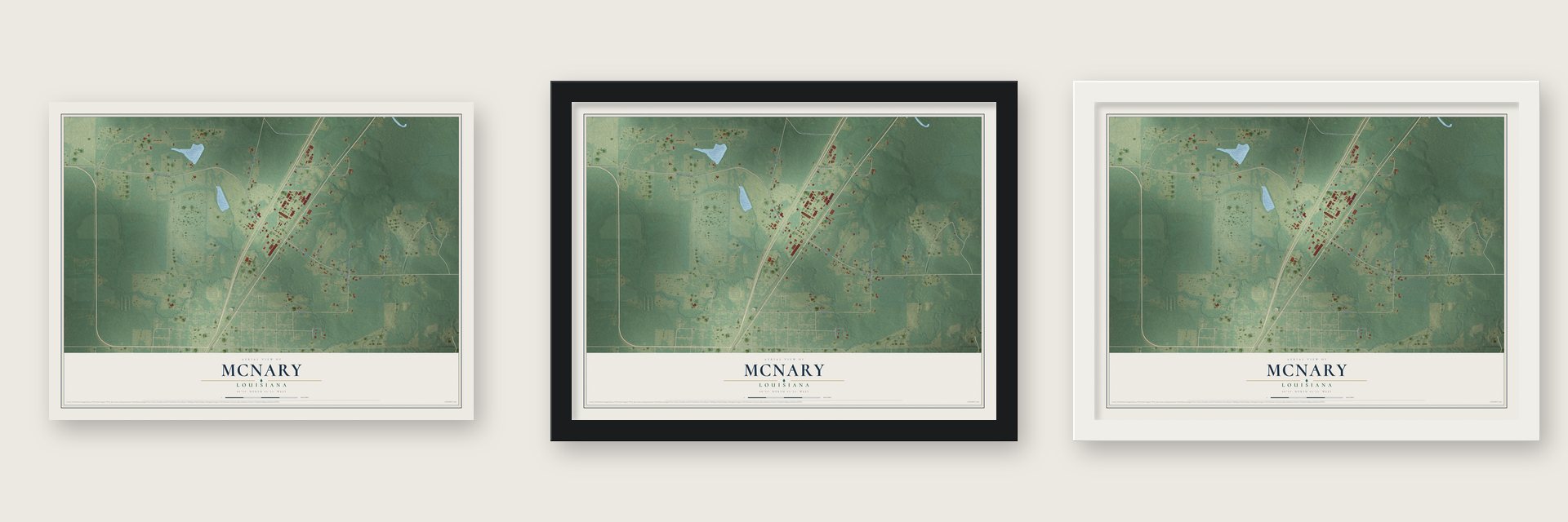 McNary, Louisiana map unframed, in a black wood frame and in a white wood frame