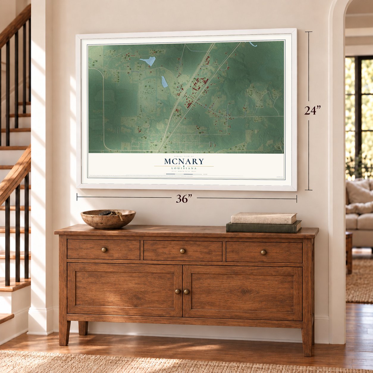 McNary, Louisiana map, 24 x 36 inch print in a white frame above a dresser by a staircase