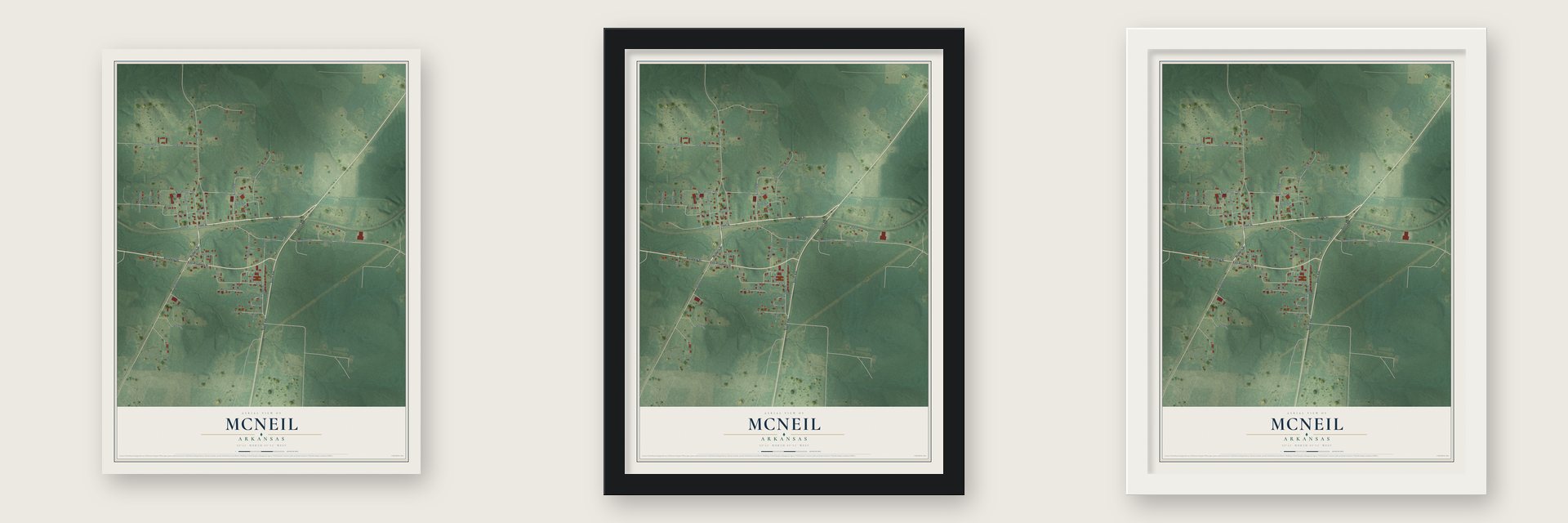 McNeil, Arkansas map unframed, in a black wood frame and in a white wood frame