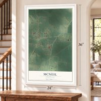 McNeil, Arkansas map, 24 x 36 inch print in a white frame by a staircase