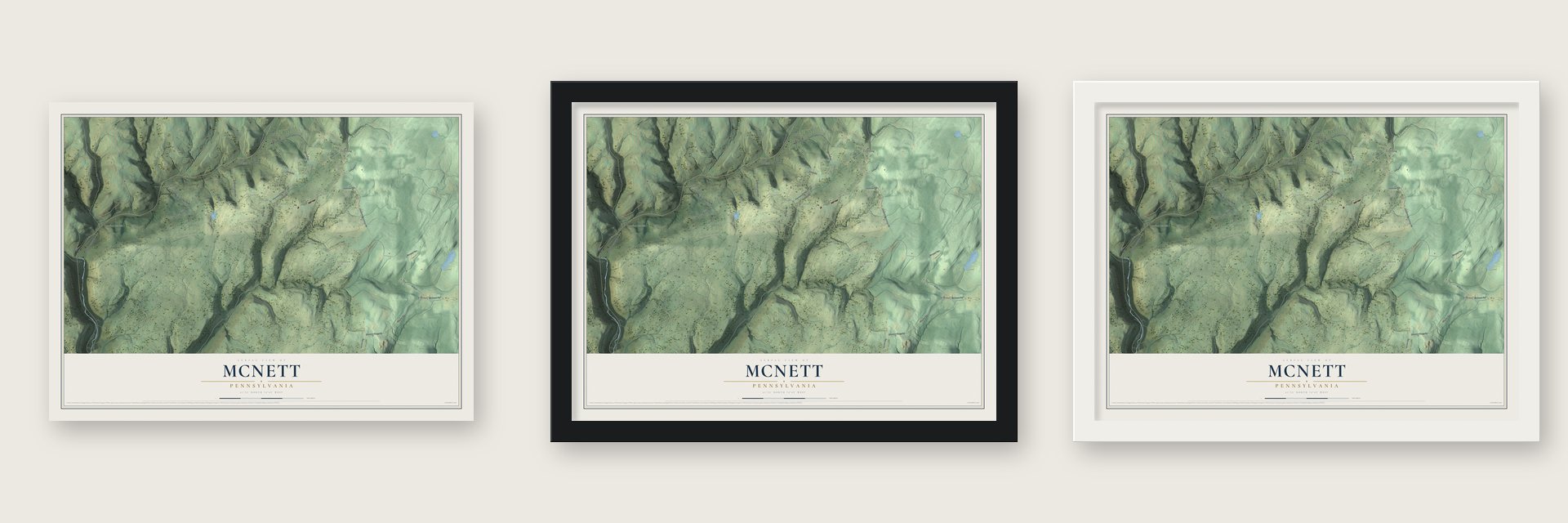 McNett, Pennsylvania map unframed, in a black wood frame and in a white wood frame