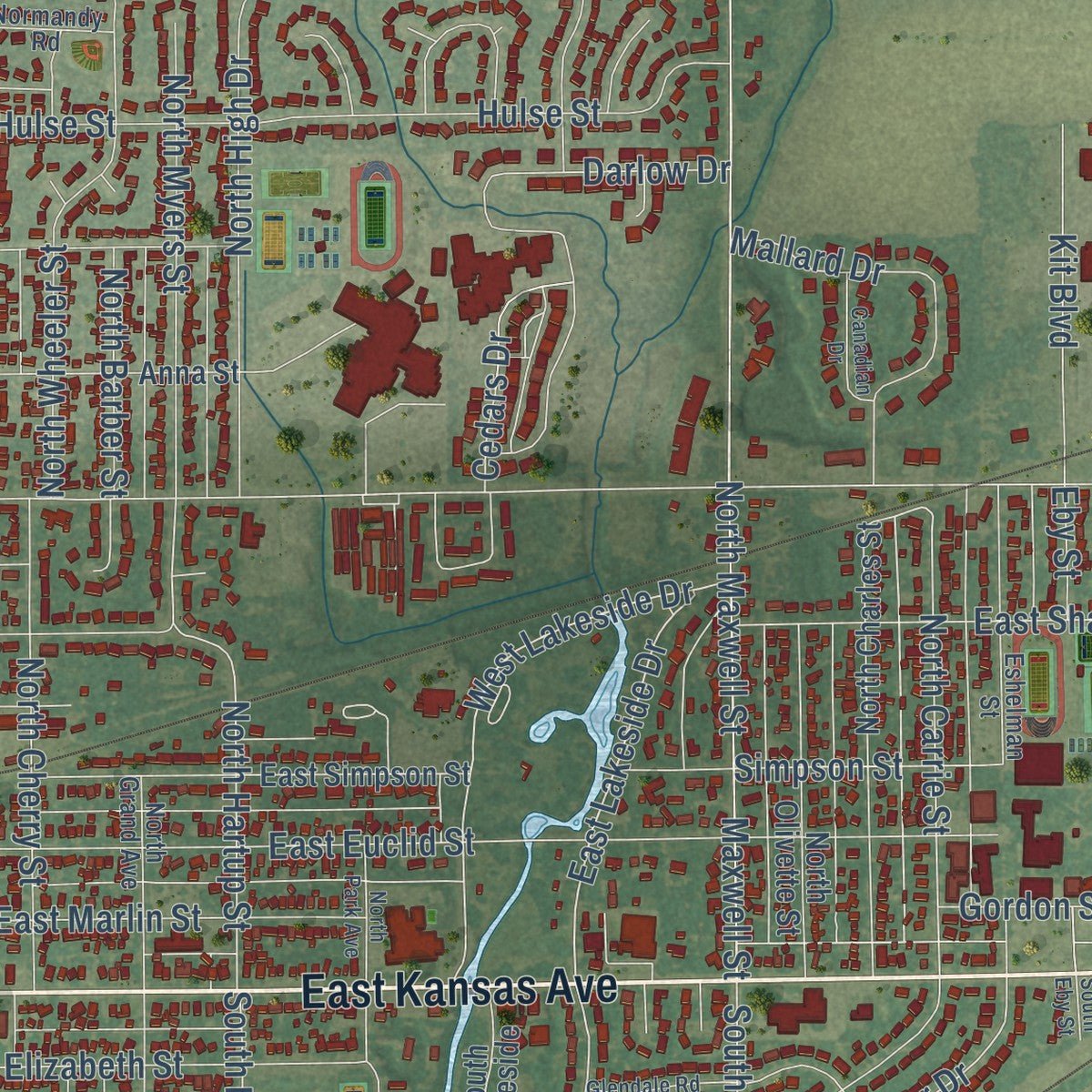 Second close-up of the map of McPherson, Kansas print showing more streets and buildings